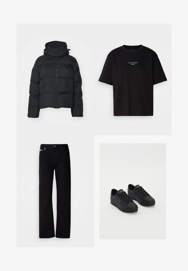 Juodas pūkuotas švarkas su nuimamu kapišonu, užtrauktuko priekyje ir dviem šoniniais kišenėmis. Yra siuvinėtos dalys ir mažas logotipas krūtinėje.; Juodas medvilnės marškinėliai su apykakle, trumpomis rankovėmis ir mėlynai siuvinėtu "Calvin Klein JEANS" logotipu priekyje.; Juodi džinsai tiesaus kirpimo su penkiomis kišenėmis, sidabriniais kabliukais ir mygtukų užtrauktuku. Medžiaga turi lygią, šiek tiek tekstūruotą apdailą.; Juodos žemos sportbačių iš lygios medžiagos, su storomis raištelėmis, tekstūruotu padu ir mažu logotipu ant šono bei liežuvio.