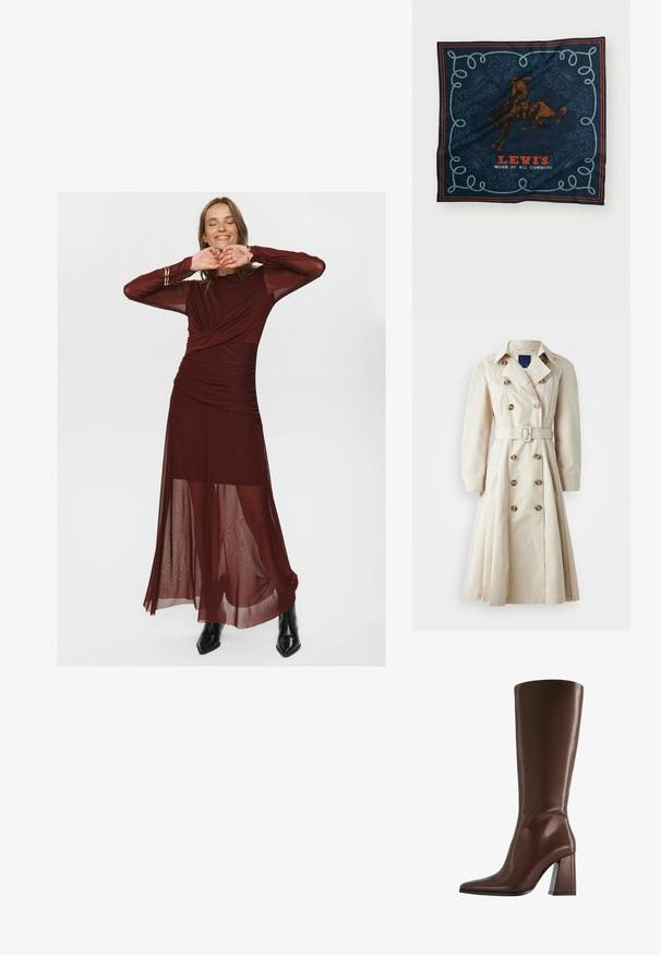 Trench coat beige con chiusura a doppio petto, vita con cintura, maniche lunghe e gonna fino al ginocchio, realizzato in tessuto leggero.; Lungo abito bordeaux realizzato in tessuto trasparente e morbido, con un corpino avvolgente, dettagli arricciati e maniche lunghe trasparenti.; Stivale marrone in pelle alto fino al ginocchio con punta a punta e tacco medio spesso, mostrato di profilo su sfondo bianco.; Foulard di seta blu navy con una grafica di un cavaliere a cavallo marrone, un motivo decorativo di corda blu e il testo "LEVI'S INDOSSATO DA TUTTI I COWBOY" in rosso.