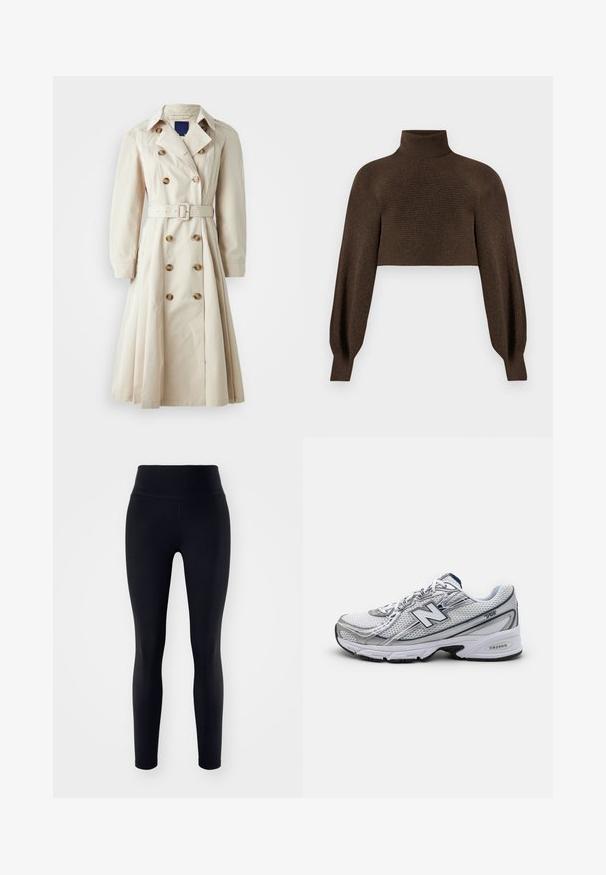 Beež trenčkot, millel on kahekordne nupuvärv, vöökoht ja pikad varrukad ning kuni põlveni ulatuv seelik, valmistatud kerge kangaga.; Pruun lühike kõrge kaelusega kootud särke, millel on soonikujuline tekstuur ja volüümsed varrukad, valmistatud pehmest ja soojast materjalist.; Mustad kõrge vöökohtaga mustad treggings, mis on valmistatud venivast materjalist, omavad siledat tekstuuri ja on lähedase siluetiga kuni pahkluuni.; New Balance spordijalatsid, millel on võrgusilma pealis, enamikult valged hallide ja tumesiniste aktsentidega, millel on pehme talla ja tekstuurilised detailid.