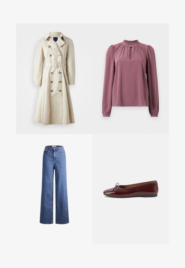 Beige trenchcoat s dvojitým zapínáním na knoflíky, páskem v pase, dlouhými rukávy a sukní po kolena, vyrobený z lehkého materiálu.; Halenka s dlouhým rukávem v barvě mauve, s nařaseným límcem, výstřihem ve tvaru klíče se zapínáním na knoflík a mírně našitými rameny.; Svetle modré denimové široké kalhoty s vysokým pasem, dvěma předními kapsami a viditelným švem. Obsahují knoflíkový a zipový uzávěr.; Burgundské lakové baleríny s kulatou špičkou, malou mašlí vpředu a nízkou černou gumovou podrážkou. Hladký povrch.
