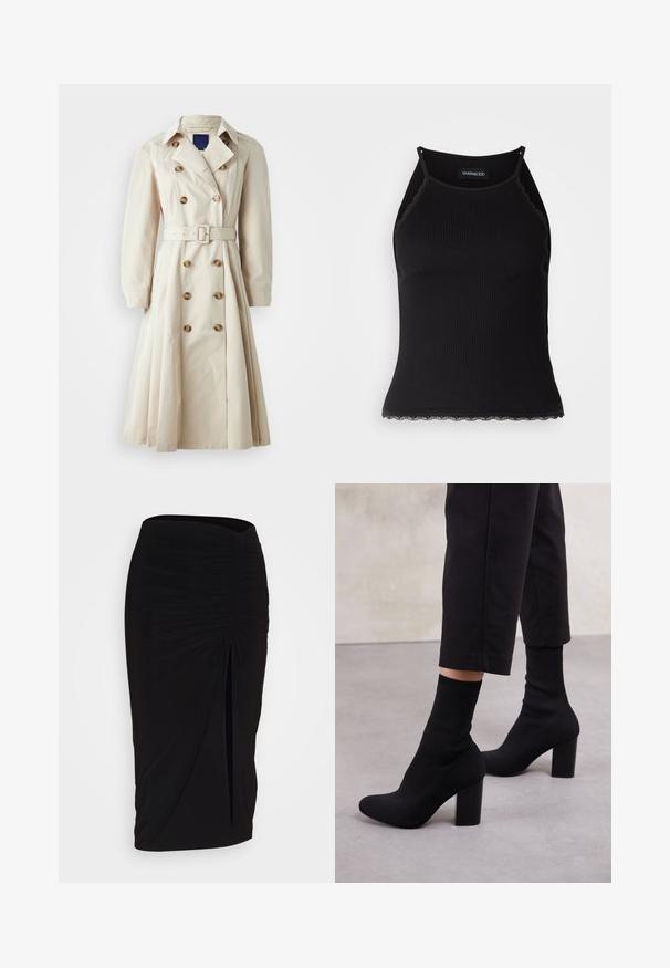 Bež plašč s dvojno zapenjanjem, z zadrgo v pasu, dolgimi rokavi in krilom do kolen, izdelan iz lahkega materiala.; Črn rebrast top brez rokavov z valovitimi čipkastimi robovi na dnu. Ima tanke naramnice in oprijet kroj. Narejen je iz raztegljivega materiala.; Črna, nabrana svinčnik krilo z detajlom v obliki traku in stranskim razporkom. Narejeno iz raztegljive tkanine, ki se ponaša z gladko teksturo in oblikovanjem, ki se prilega telesu.; Črne gležnjarje z visokimi petami in rebrastim zgornjim delom, gladko površino, okroglo konico in blok peto za stabilnost.