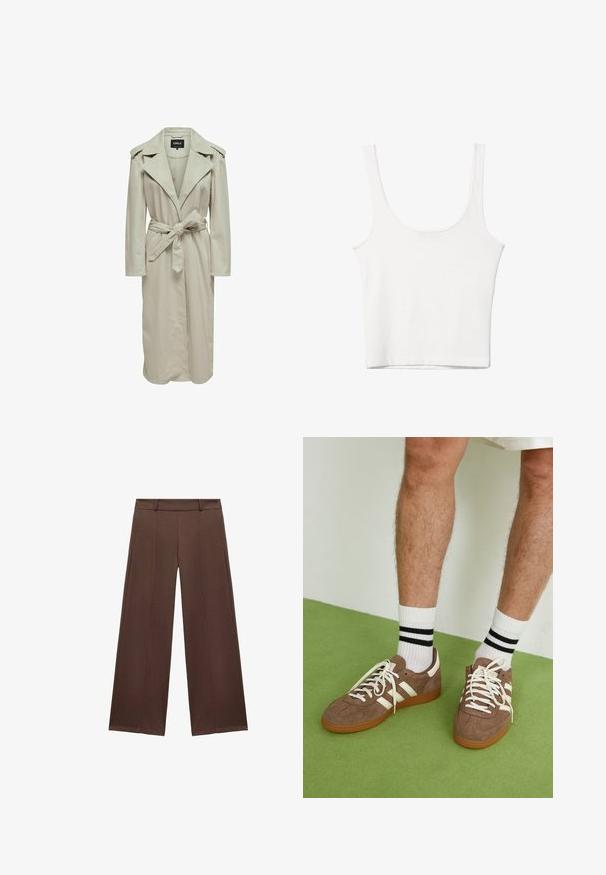 Vaaleanbeige trench-takki, jossa on leveä kaulus, pitkät hihat, vyötärölle sitova vyö ja sivutaskut. Valmistettu sileästä kankaasta suoran leikkauksen muotoilulla.; Valkoinen puuvillainen hihaton toppi, jossa on pyöristetty pääntie, ei hihoja ja vartalonmyötäinen muoto. Sileä pinta, yksinkertainen muotoilu ja vähäiset ompeluyksityiskohdat.; Ruskeat leveät housut, jotka on valmistettu pehmeästä kankaasta. Housuissa on tasainen etuosa, vyötärö ja laskostettu yksityiskohta, joka tuo lisää tekstuuria.; Ruske nahkate sneakerit valkoisilla korostuksilla ja nauhoilla. Kumi-gumipohja. Yhdistetty valkoisiin sukkiin, joissa on mustia raitoja. Vihreä teksturoitu lattia.