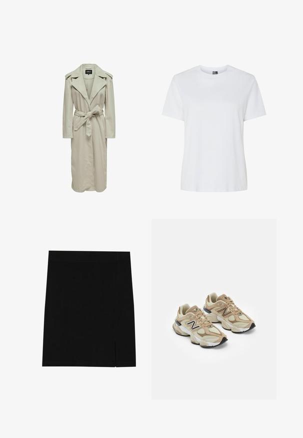 Svijetlosmeđi trench kaput s širokim reverima, dugim rukavima, sa remenom u struku i bočnim džepovima. Izrađen od glatkog materijala s ravnim krojem.; Bijela pamučna majica s kratkim rukavima i okruglim izrezom. Glatka tekstura, ležeran kroj i bez vidljivih uzoraka ili akcenta.; Crna mini suknja od mekog materijala s prilagođenim dizajnom, s malim prorezom sa strane za dodatni detalj.; Bež tenisice od mrežaste i antilop kože. Imaju crni logo i teksturirane detalje. Debeli bijeli međusloj i crna guma na potplatu.