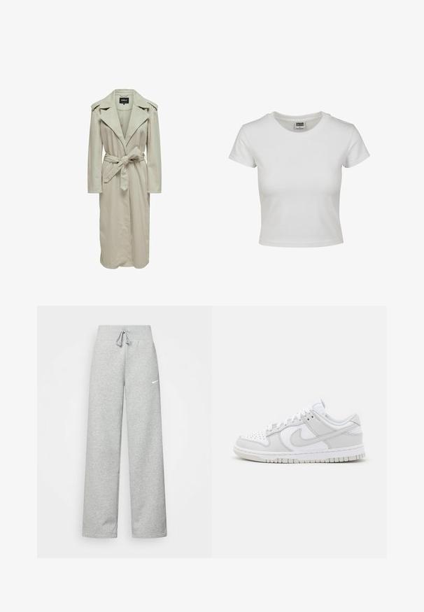 Lichtbeige trenchcoat met een brede revers, lange mouwen, een ceintuur in de taille en zijzakken. Gemaakt van een gladde stof met een recht gesneden ontwerp.; Witte katoenen t-shirt met een klassieke ronde hals, korte mouwen en een getailleerde vorm. Geen patronen of accenten zichtbaar.; Grijze sweatpants met een elastische tailleband, een trekkoord-detail en een klein wit Nike-logo op de linkerdij. Zachte stof, losvallend.; Witte leren sneakers met grijze accenten, geperforeerde teen, platte veters, gevoerde kraag en een gemanipuleerde rubberen zool.