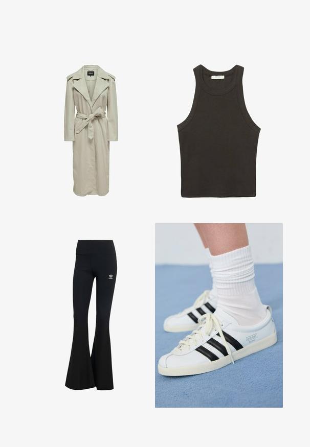Svetlo béžový trenčkot so širokými klopami, dlhými rukávmi, opaskom v páse a bočnými vreckami. Vyrobený z hladkej látky s rovného strihu.; Tmavosivá bezrukávová top s okrúhlym výstrihom, vyrobená z bavlnenej zmesi. Má čisté okraje a neobsahuje viditeľné vzory ani akcenty.; Čierne rebrované legíny s rozšírenými nohavicami a širokým pásom, s malým bielym logom Adidas na hornej ľavej strane. Mäkkučký textilný materiál.; Biele kožené tenisky s čiernymi pruhmi, krémovou podrážkou a svetlými šnúrkami. Nosené s bielymi rebrovanými ponožkami, umiestnené na modrom pozadí.