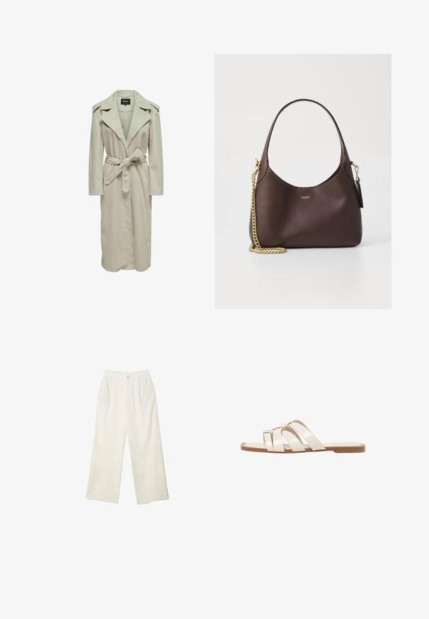 Světle béžový trenčkot s širokým límcem, dlouhými rukávy, stahovacími pasem a postranními kapsami. Vyroben z hladké tkaniny s rovnými liniemi.; Bílý bavlněný tričko s krátkým rukávem a kulatým výstřihem. Jednoduchý design, volný střih, hladká textura. Žádné vzory ani zvýraznění nejsou viditelné.; Široké kalhoty z krémové látky s hladkým povrchem, s jediným předním knoflíkem, jemnými skladbami a vysokým pasem.; Ploché sandály s hnědou gumovou podrážkou, navržené se třemi překrývajícími se bílými koženými řemínky a malým mašlí uprostřed.; COACH BROOKLYN SHOULDER BAG 23 - Kabelka - maple