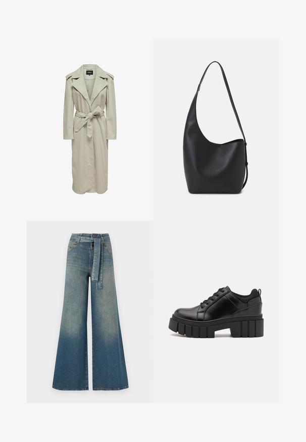 Light beige trench coat with a wide lapel, long sleeves, belted waist, and side pockets. Made of smooth fabric with a straight-cut design.; Black cotton t-shirt with short sleeves, featuring a small pink butterfly graphic on the left chest. Crew neck design with a relaxed fit.; Wide-leg denim trousers featuring a light to dark blue gradient, high waist, belt loops, and a matching fabric belt. Textured denim finish.; Black leather platform shoes with a chunky block heel, round toe, and traditional lace-up design. Features smooth texture and minimal detailing.; Black leather hobo bag with a smooth texture, curved shape, and single adjustable strap; features a wide opening at the top.