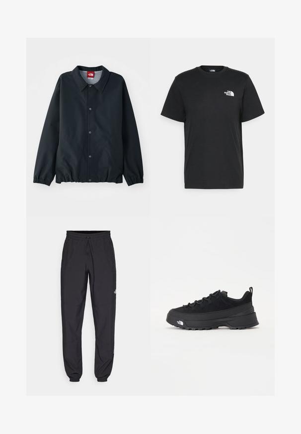 Crna jakna s ovratnikom, zatvaranjem na gumbe, elastičnim manžetama i skupljenim rubom. Izrađena od laganog, vodootpornog materijala.; Crna pamučna majica s kratkim rukavima, okruglim izrezom i malim bijelim logotipom na lijevoj strani prsa. Jednostavan dizajn, glatka tekstura i opušteni kroj.; Crne sportske hlače od lagane tkanine, s pojasom na vezanje, bočnim džepovima i suženim manžetama na gležnjevima.; Crne vanjske tenisice s gornjim dijelom od antilopa, teksturiranim gumenim potplatom i čvrstim sustavom vezanja. Imaju ojačan petni deo i logo brenda sa strane.