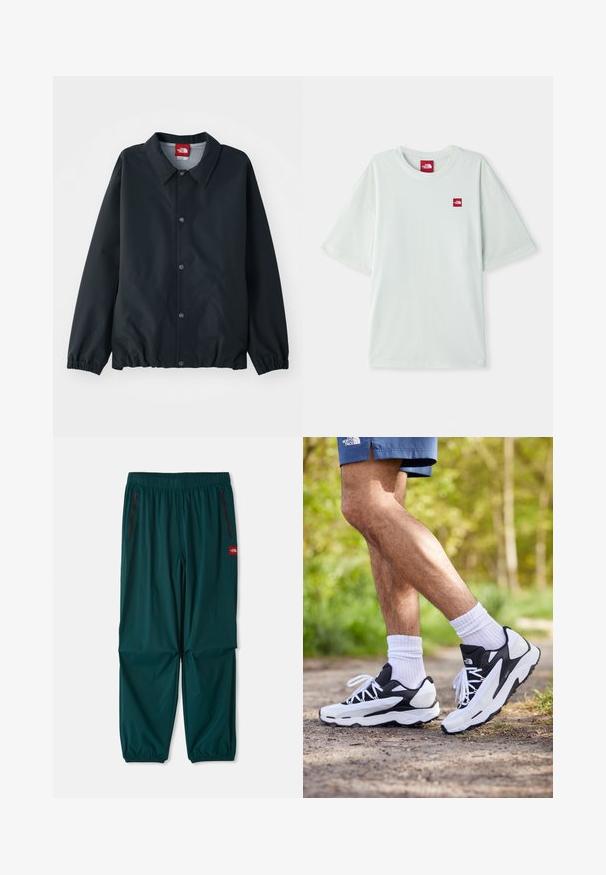 Svart jacka med krage, knappinfästning, elastiska ärmslut och dragsko i nederkant. Tillverkad av lätt, vattentåligt material.; Ljusgrön kortärmad t-shirt i mjuk bomull, med en liten röd logotag på vänster bröstområde. Avslappnad passform och rund halsringning.; Utomhusbyxor i mörk teal, med resårmidja, två dragkedjefickor på sidorna och elastiska muddar vid anklarna. Lätt material.; Svartvita träningsskor med mesh-överkappa, texturerade detaljer och vita snören. Bärs med vita ankelsockar och marinblå shorts på en stig.