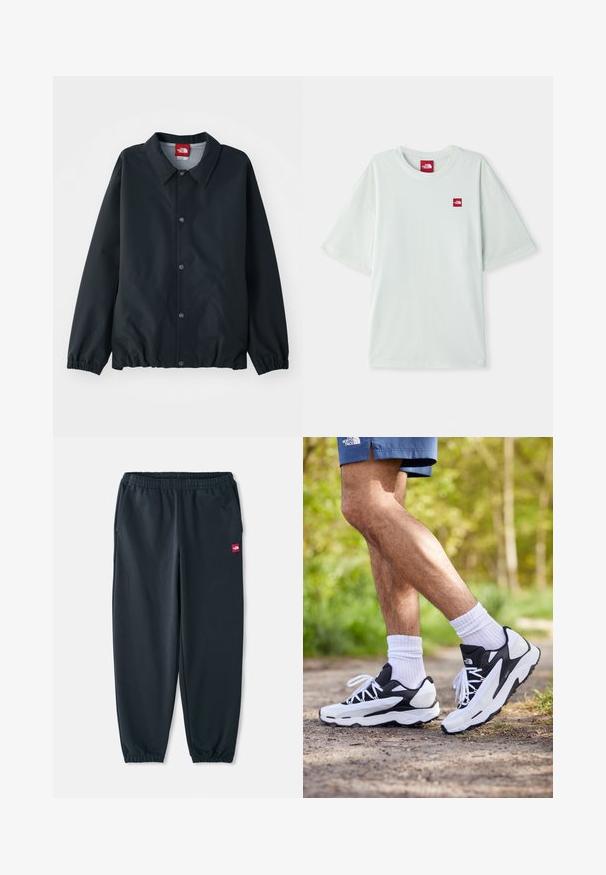 Black jacket with a collared neckline, button closures, elastic cuffs, and a cinched hem. Made from lightweight, water-resistant material.; Light green short-sleeve t-shirt made of soft cotton, featuring a small red logo tag on the left chest area. Relaxed fit and round neckline.; Black jogger pants made of smooth fabric, featuring an elastic waistband, ankle cuffs, and a small red logo patch on the side.; Black and white athletic shoes with mesh upper, textured accents, and white laces. Worn with white ankle socks and navy shorts on a path.