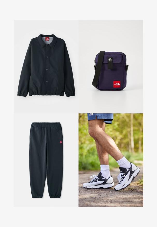 Fekete dzseki, galléros nyakkal, gombos záródással, rugalmas mandzsettákkal és összehúzott aljjal. Könnyű, vízálló anyagból készült.; Világoszöld, rövid ujjú póló, puha pamutból készült, bal mellkasán egy kis piros logó címkével. Laza szabású és kerek nyakkivágású.; Fekete jogging nadrág sima anyagból, rugalmas derékkal, bokakivágással és egy kicsi piros logóval az oldalon.; Fekete-fehér sportcipők, hálós felső résszel, texturált részletekkel és fehér fűzőkkel. Fehér bokazoknival és tengerészkék sorttal viselve egy ösvényen.; Lila nylon válltáska elülső fedelemmel, patentos záródással, állítható fekete pánttal és piros logóval az elülső részén.
