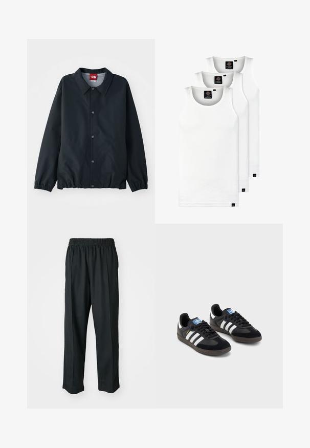 Juodas švarkas su apykakle, mygtukų užsegimu, elastingais rankogaliais ir susiaurinta apačia. Pagamintas iš lengvo, vandeniui atsparaus medžiagos.; Trys balti, dryžuoti marškiniai be rankovių, pagaminti iš medvilnės. Yra apvalus kaklas ir maži juodi etiketės netoli siūlės. Siūlomi įvairių dydžių.; Juodi sportiniai kelnių modeliai su elastinga juosmena, pagaminti iš šiurkščios medžiagos, su subtiliomis šoninėmis siūlėmis ir laisva, tiesia koja.; Juodi sportiniai bateliai su zomšos ir sintetine viršutine dalimi, turintys tris baltas juosteles, tekstūruotą gumos pado paviršių ir mėlyną logotipo etiketę ant liežuvėlio.