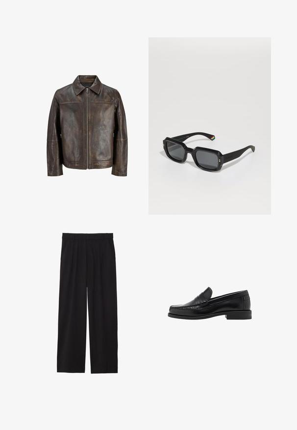 Rjava usnjena jakna z zadrgo spredaj, koničastim ovratnikom in stranskimi žepi. Ima gladko teksturo in rahlo obrabljen videz.; Črn pulover, okrogla izrez, dolgi rokavi, rebrasti manšeti in rob, mehak teksturiran material, enobarven, minimalističen dizajn.; Črne široke hlače z nabranim sprednjim delom, stranskimi žepi in gladko teksturo tkanine. Oblikovane za sproščen kroj.; Črne usnjene loafer čevlje z gladko površino, šivani detajli na prstu in nizka peta za udobje in stil.; Črne pravokotne sončne očala s temnimi lečami, debelimi okvirji, zlatimi detajli in detajlom z mavričnimi črtami na ročaju.