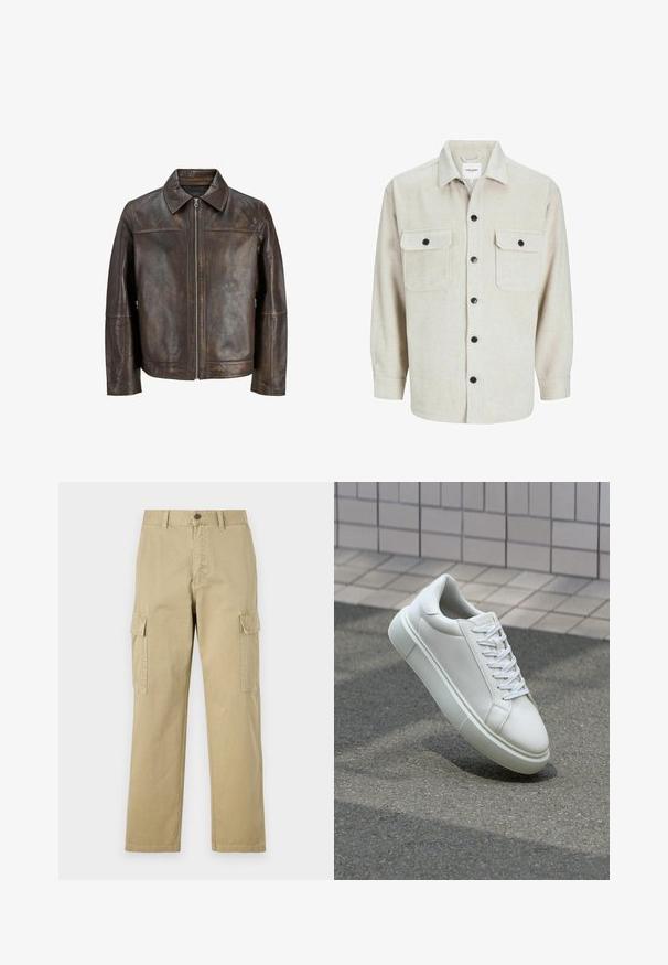 Brūna ādas jaka ar rāvējslēdzēju priekšā, norādītu apkakli un sānu kabatām. Tam ir gluda tekstūra un nedaudz nolietots apdare.; Bēža flaneļa krekls ar apkakles dekoltē, ar divām krūšu kabatām, melniem pogām un garām piedurknēm ar pogu aprocēm.; Beige kravas bikses no kokvilnas, kas aprīkotas ar divām sānu kabatām, pogu aizdari un taisnām kājām ar nedaudz teksturētu audumu.; Baltas ādas sporta apavi ar gludu virsmu, apaļu pirkstu un plakanām baltām šņorēm. Iezīmējas ar strukturētu gumijas zoli un minimālisma dizaina elementiem.