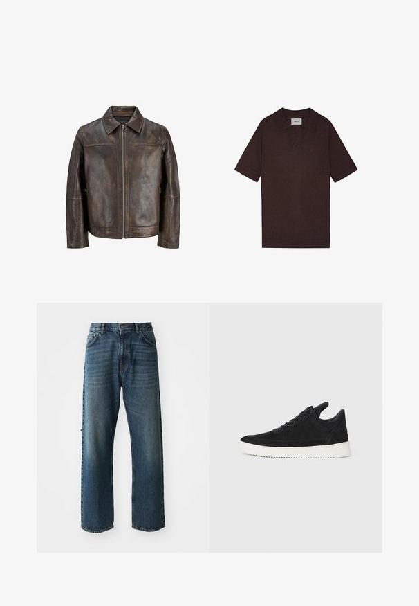 Brązowa skórzana kurtka z zamkiem z przodu, spiczastym kołnierzem i bocznymi kieszeniami. Charakteryzuje się gładką fakturą i lekko postarzaną wykończeniem.; Brązowa koszulka polo wykonana z teksturowanej tkaniny, z wyrazistym kołnierzykiem i krótkimi rękawami. Metka pokazuje "NN. 07" na dekolcie.; NN.07 OTIS szaroniebieski; Czarne zamszowe sneakersy z białą gumową podeszwą, z tonalnym przeszyciem i sznurowanym zapięciem. Gładka tekstura, nowoczesny, smukły kształt.