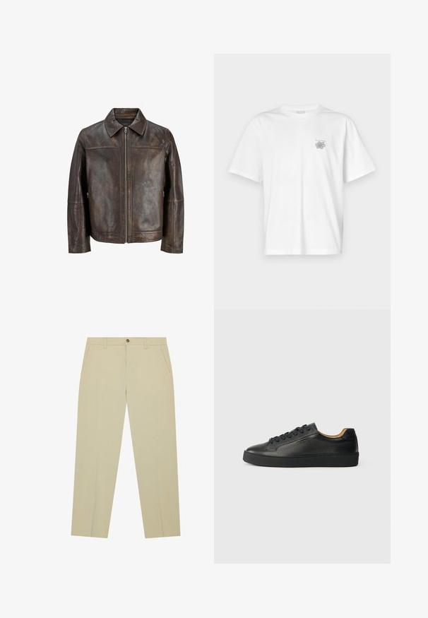 Giacca in pelle marrone con chiusura a zip frontale, colletto a punta e tasche laterali. Presenta una superficie liscia e una finitura leggermente invecchiata.; T-shirt bianca in cotone con maniche corte, colletto tondo e un piccolo logo grigio nella zona sinistra del petto. Texture liscia.; Chinos beige realizzati in cotone leggero, con una vestibilità dritta, tasche frontali e chiusura con un solo bottone in vita.; Sneaker in pelle nera a collo basso con superficie texturizzata, lacci neri e suola in gomma spessa, mostrato di lato su uno sfondo chiaro.