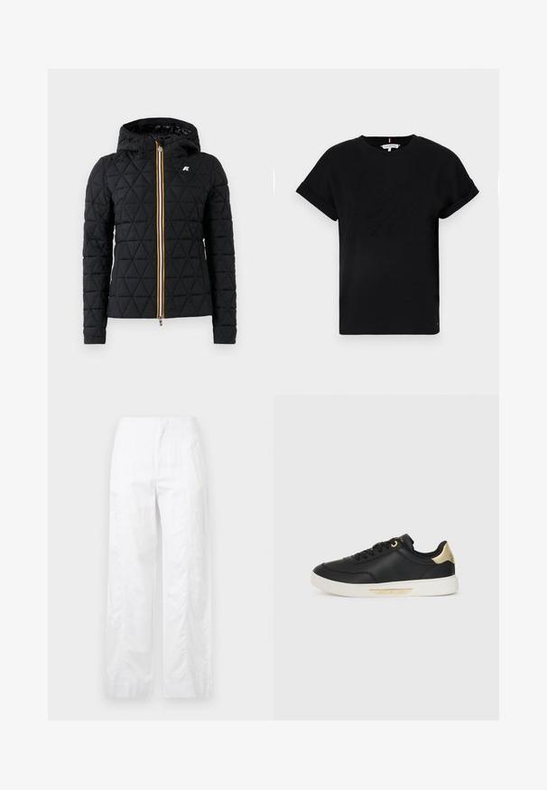 Black quilted jacket with a hood, featuring a front zip closure and colorful stripe along the zipper. Logo accent on the chest.; Black cotton t-shirt with rolled short sleeves, featuring an embossed logo in the center and a small flag accent on the side.; White wide-leg trousers made of lightweight fabric, featuring a smooth texture, clean lines, and a high waist design.; Black leather sneaker with a smooth texture, white rubber sole, gold accents on the heel and eyelets, featuring a logo on the side.