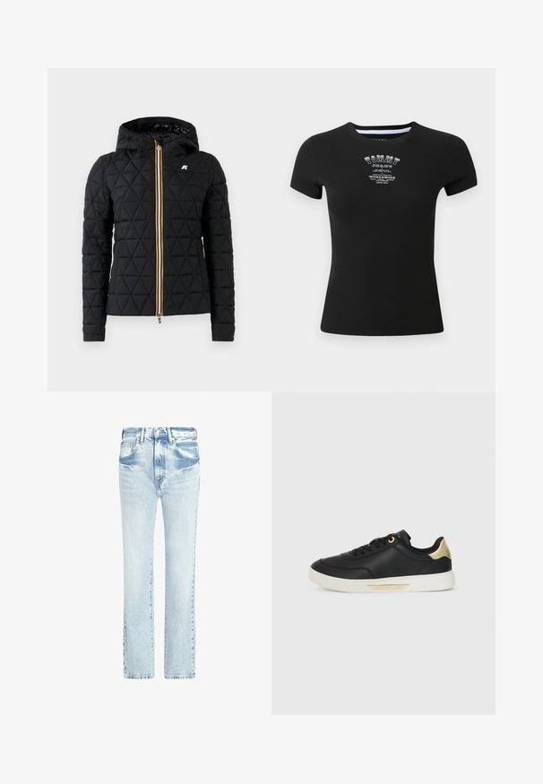 Juodas siuvinėtas paltas su kapišonu, su priekiniais užtrauktukais ir spalvinga juostele palei užtrauktuką. Logotipas ant krūtinės.; Juoda raibuota marškinėliai su trumpomis rankovėmis, dekoruoti baltu "TOMMY JEANS" logotipu ir tekstu senoviniu stiliumi per krūtinę.; Šviesiai mėlynos džinsinės kelnės su tiesiu sijonu, penkiomis kišenėmis ir nusidėvėjusia tekstūra. Yra matoma siuvimo linija ir klasikinis mygtuko užsegimas.; Juodos odinės sportinės bateliai su lygiu paviršiumi, balta guma padais, auksiniais akcentais ant kulno ir akių, su logotipu ant šono.