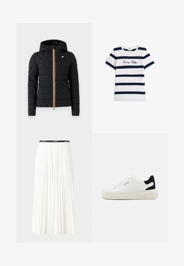 Jachetă neagră matlasată cu glugă, cu închidere frontală cu fermoar și o dungi colorate de-a lungul fermoarului. Accesoriu logo pe piept.; Tricou din bumbac cu dungi orizontale bleumarin pe un fundal alb. "Tommy Hilfiger" brodat în stil cursiv pe piept. Decolteu rotund.; Fustă plisată albă cu un brâu elastic negru, având logo-ul "LACOSTE". Design de lungime medie, cu textură moale.; Adidași din piele albă cu o talpă groasă albă, accent de călcâi din suede negru și logo embosat pe lateral. Design cu șireturi și șase orificii.