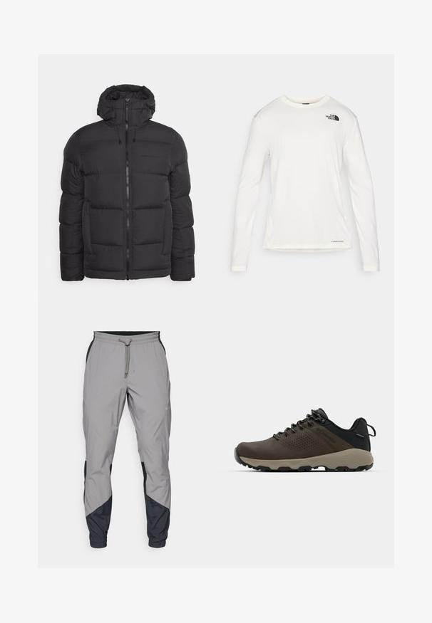 Peak Performance RIVEL JACKET - Pūkinė striukė - black; Balta ilga rankove marškiniai su apvalia iškirpte, tekstūruota medžiaga, juodas logotipas kairėje petyje ir subtilus prekės ženklas apačioje.; Lengvas, pilkos sportinės kelnės su juodais akcentais. Elastingas juosmuo, raišteliu užsegimas, siaurėjantis kojų dizainas ir šoninės kišenės.; Rudi nepralaidūs sportbačiai su tekstūruota viršutine dalimi, perforuotomis detalėmis, juodu kulno palaikymu ir pilku guminio padu. Šniūreliai yra dekoruoti metaliniais galais.