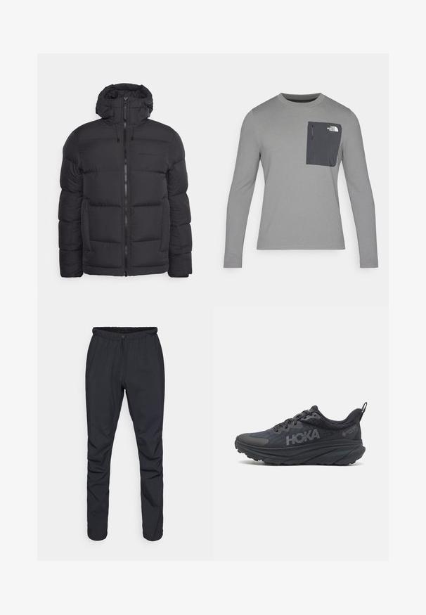 Peak Performance RIVEL JACKET - Dunjacka - black; Långärmad grå skjorta i texturerad tyg, med en mörkgrå bröstficka och dragkedjestängning. Logotyp på fickan i vitt.; Svarta lätta byxor med elastisk midja, dragsko och smalnande ben. Tillverkade av vattenavvisande material med en slät yta.; Svart Hoka löpsko med en mesh-ovandel, texturerade detaljer och en tjock, dämpad sula med avsmalnande kanter för förbättrad stöd.