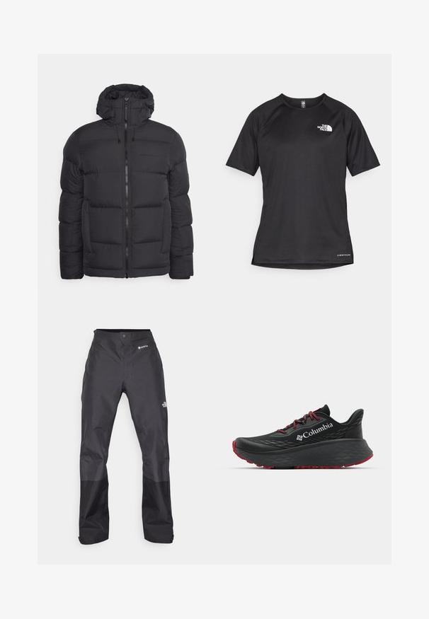 Peak Performance RIVEL JACKET - Tollkabát - black; Fekete, rövid ujjú sportpóló struktúrált anyagból, bal mellen fehér logóval és egyenes aljjal.; Fekete vízálló nadrág sima textúrával, elöl GORE-TEX logóval, és megerősített alsó lábrészekkel a tartósság érdekében.; Fekete sportcipő texturált felsőrésszel, piros fűzőkkel és logóval. Vastag talp, mintás járófelülettel a tapadásért. Minimalista dizájn, oldalnézet.