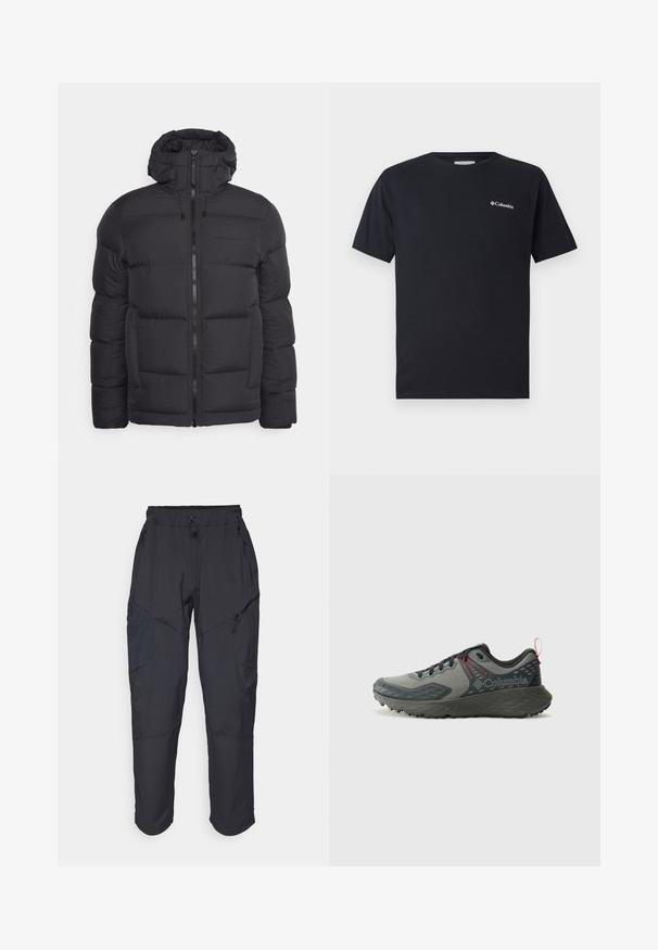Peak Performance RIVEL JACKET - Sulejope - black; Must muströöpide t-särk, mis on valmistatud puuvillast, ning mille vasakul rinnal on väike valge Columbia logo. Klassikaline ümar kaelus ja lõdvestunud lõige.; Mustad mustad püksid, mis on valmistatud kergest veekindlast materjalist; sisaldavad elastset vööd, mitmeid lukuga taskuid ja kitsenevaid jalgu.; Columbia KONOS - Matkajalatsid - grey steel/mountain red