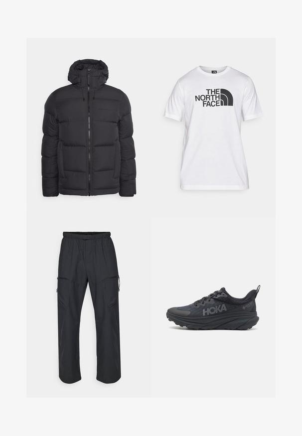 Peak Performance RIVEL JACKET - Dunjakker - black; Hvid bomulds T-shirt med sort grafisk print, der inkluderer tekst og et buet logodesign. Rund halsudskæring og korte ærmer. Ensartet tekstur.; Sorte cargo bukser med elastisk talje, to lynlåslommer og et let, glat stof.; Sort Hoka løbesko med mesh-overdel, teksturerede detaljer og en tyk, polstret sål med skrånende kanter for forbedret støtte.