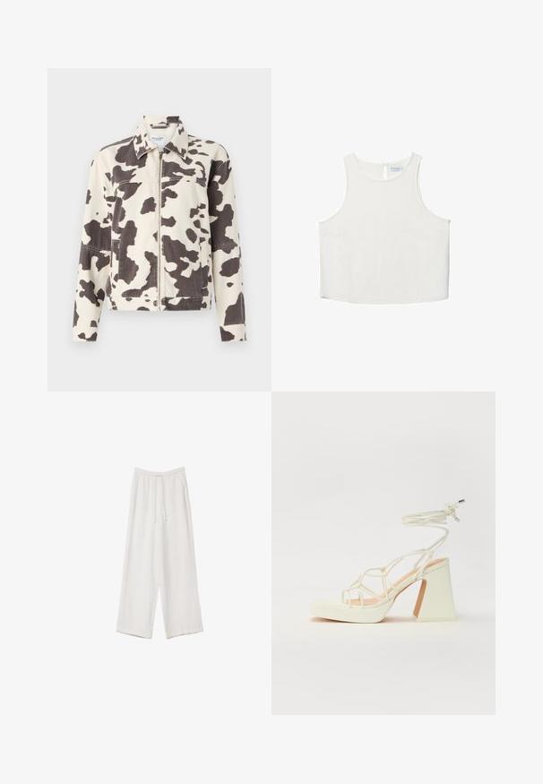 Jeansowa kurtka w print w cętki bydła, z beżowym tłem i nieregularnymi ciemno-brązowymi plamami, z zamkiem błyskawicznym z przodu i detalem kieszeni na piersi.; Biała bezrękawnik z okrągłym dekoltem, z delikatną teksturą, z tylnym wycięciem w kształcie klucza oraz prostym wykończeniem dołu.; Białe spodnie o szerokich nogawkach wykonane z lekkiego materiału. Posiadają elastyczny pas z sznurkiem i boczne kieszenie. Gładka tekstura.; Biała sandał na wysokim obcasie z masywnym słupkiem, z paskowym wzorem i wiązaniem przy kostce. Gładka faktura z platformą z przodu dla dodatkowej wysokości.