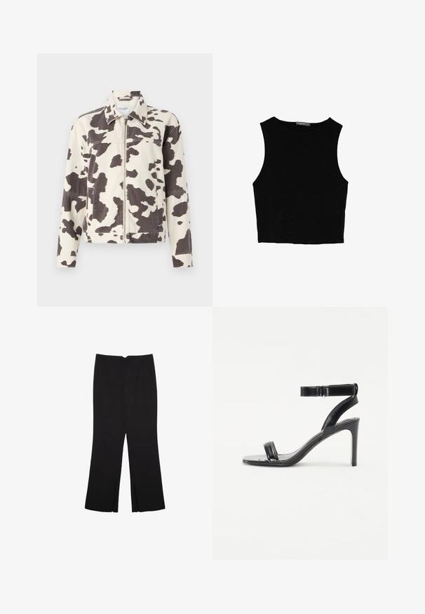 Cowprint denimjacka med en beige bakgrund och mörkbruna oregelbundna fläckar, framdragkedja och bröstfickdetalj.; Svart ärmlös crop top i mjukt tyg, med rund hals och en ren, enkel design utan mönster eller detaljer.; Svarta byxor med rak passform, utrustade med framfickor och sidoklyvningar vid fållen. Tillverkade av mjukt, slätt tyg. Lämpliga för olika tillfällen.; Svart klacksandalo med blank yta, med två smala remmar och en vristrem, placerad på en slank stilettklack.