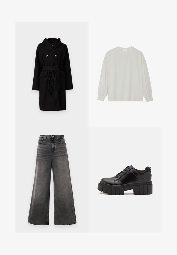 Musth villane manteel kapuutsiga, kahe ridvaga disain, kaks kuldse tooni nuppu, vöökoht ja ees taskud. Sile tekstuur ja elegantne kuju.; Hele halli pikkade varrukatega T-särk, mis on valmistatud pehmest puuvillast. Omab vaba lõiget, ümmargust kaelust ja õrnalt kogutud varrukaotsi. Muster ja graafika puuduvad.; Laiad mustad denim teksad, millel on pleekinud pesu, viie-tasku disain ja nööp sulgemine vööl, lisaks õmblusaktsendid.; Must musta platvormsussid paksu plokkninal, ümmarguse varbaga ja traditsioonilise nööridega kinnitamisega. Sussid on sileda tekstuuriga ja minimaalsete detailidega.