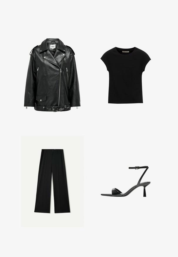 Czarna skórzana kurtka motocyklowa z szerokim kołnierzem, asymetrycznym zamek błyskawicznym z przodu, bocznymi kieszeniami i regulowanym paskiem w talii. Zawiera srebrne akcenty metalowe.; Czarna koszulka z krótkim rękawem, wykonana z miękkiego materiału, z okrągłym dekoltem i luźnym krojem, o gładkiej fakturze i bez wzorów.; Bershka WIDE czarny; Bershka - Sandały na obcasie
