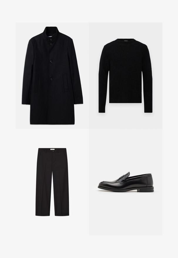 Cappotto di lana nera con colletto alto, dotato di sei bottoni frontali, due tasche laterali e un taglio dritto. Tessuto liscio.; Filippa K SWEATER - Maglione - black; T-shirt bianco corto a maniche corte dalla vestibilità rilassata disteso su uno sfondo grigio chiaro.; Pantaloni larghi neri realizzati in tessuto liscio. Presentano una chiusura con bottone e zip, due tasche frontali e un orlo ben definito.; Mocassini neri in pelle con una texture liscia, punta arrotondata e una striscia decorativa sulla tomaia. Tacco basso impilato, design minimalista.