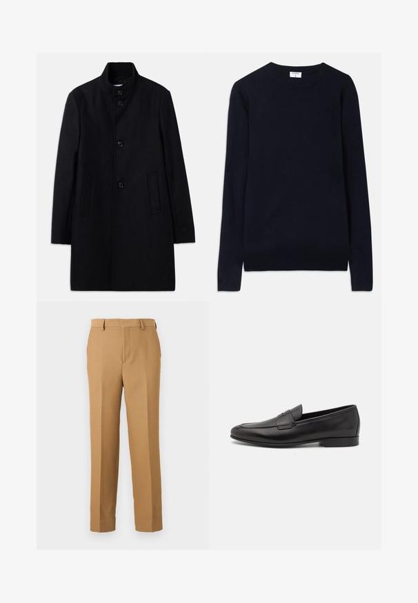 Črn volnen plašč z visokim ovratnikom, ki ima šest sprednjih gumbov, dve stranski žepki in ravno krojenje. Gladka tekstura.; Mornarško moder pulover s krojnim ovratnikom, izdelan iz mehke tkanine, z dolgimi rokavi in ribjastim detajlom na ovratniku in robu. Čista, minimalistična zasnova.; Bež hlače iz tkanine, s ravnim krojem, ravnim sprednjim delom in pasom za pas. Gladka tekstura brez vidnih vzorcev.; Moški črni usnjeni loafer s nizkim peto in klasičnim penny trakom, prikazan v bočnem profilu na belem ozadju.