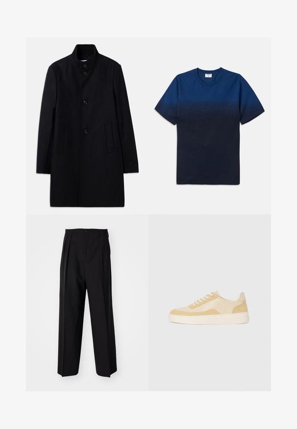 Black wool overcoat with a high collar, featuring six front buttons, two side pockets, and a straight cut design. Smooth texture.; Navy blue cotton t-shirt with a round neck, short sleeves, and a subtle gradient design transitioning from lighter to darker shades.; Black pleated trousers with a straight, wide-leg design. Made from smooth fabric, featuring a button closure and belt loops.; Sneakers in light yellow suede and leather, featuring a cushioned sole and stitched accents. Classic lace-up design with a rounded toe.