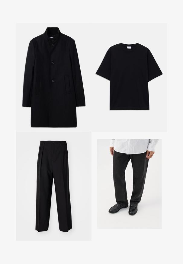 Cappotto di lana nera con colletto alto, dotato di sei bottoni frontali, due tasche laterali e un taglio dritto. Tessuto liscio.; T-shirt oversize nera a maniche corte con scollatura rotonda e etichetta del marchio Filippa K visibile all'interno del colletto.; Pantaloni neri a pieghe con un design dritto e gamba larga. Realizzati in tessuto morbido, con chiusura a bottone e passanti per cintura.; Pantaloni in denim nero abbinati a mocassini neri lucidi. La camicia è bianca con sottili righe verticali, con maniche lunghe e colletto button-down.