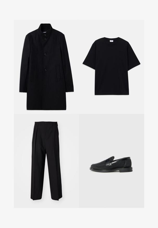 Manteau en laine noir avec un col haut, présentant six boutons à l'avant, deux poches latérales et une coupe droite. Texture lisse.; T-shirt noir à manches courtes oversize avec un col rond et une étiquette de marque Filippa K visible à l'intérieur du col.; Pantalons plissés noirs avec un design droit et large. Fabriqués en tissu lisse, avec une fermeture à bouton et des passants de ceinture.; Chaussure slip-on tissée noire avec un accent en cuir lisse sur le dessus, un design à bout rond et une semelle en caoutchouc à profil bas.