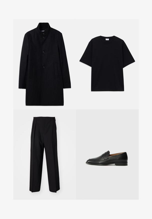 Sort uldfrakke med høj krave, der har seks frontknapper, to sidelommer og en lige skæring. Glat tekstur.; Sort oversized T-shirt med korte ærmer og rund halsudskæring, med synlig Filippa K mærke indeni kraven.; Sorte plisserede bukser med et lige, bred ben-design. Fremstillet af glat stof, med en knaplukning og bæltesløjfer.; Sort læder loafer med rund tå, diskret syning, og lav hæl, der har en glat tekstur og minimalistisk design.