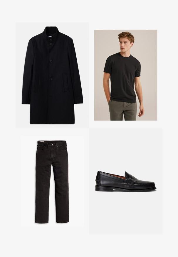 Schwarzer Wollübermantel mit hohem Kragen, ausgestattet mit sechs vorderen Knöpfen, zwei seitlichen Taschen und einem geraden Schnitt. Glatte Textur.; Junger Mann mit lockigem, hellbraunem Haar, der ein schwarzes T-Shirt mit kurzen Ärmeln und graue Hosen trägt. Er schaut nach links und hat die Hände in den Taschen.; Schwarze gerade Jeans aus Denim mit fünf Taschen, Knopfverschluss und Gürtelschlaufen, flach auf einem weißen Hintergrund ausgelegt.; Schwarze Lederloafer mit glatter Oberfläche, abgerundetem Zehenbereich und dekorativem Riemen über dem Spann. Verfügt über eine flache schwarze Sohle.