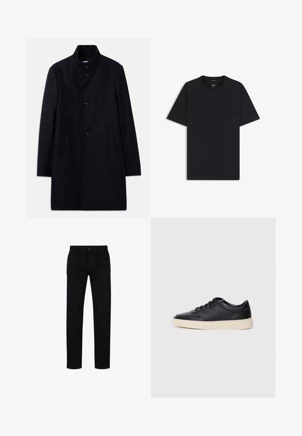 Mustaa villakangastakkia, jossa on korkea kaulus, kuusi etunappia, kaksi sivutaskua ja suora leikkaus. Sileä pinta.; Musta lyhythiha T-paita, joka on valmistettu sileästä puuvillasekoitteesta. Paita on varustettu pyöreällä pääntiehen ja siinä on minimaalinen muotoilu ilman kuvioita tai yksityiskohtia.; Mustat puuvillahousut suorella leikkauksella, jossa on napitus, vyölenkit ja minimalistinen muotoilu. Silkkinen pinta, ilman kuvioita.; Musta matalavartinen nahkastretchu, jossa on mustat nauhat ja vaaleanharmaa pohja, esitetty sivuprofiilissa valkoista taustaa vasten.