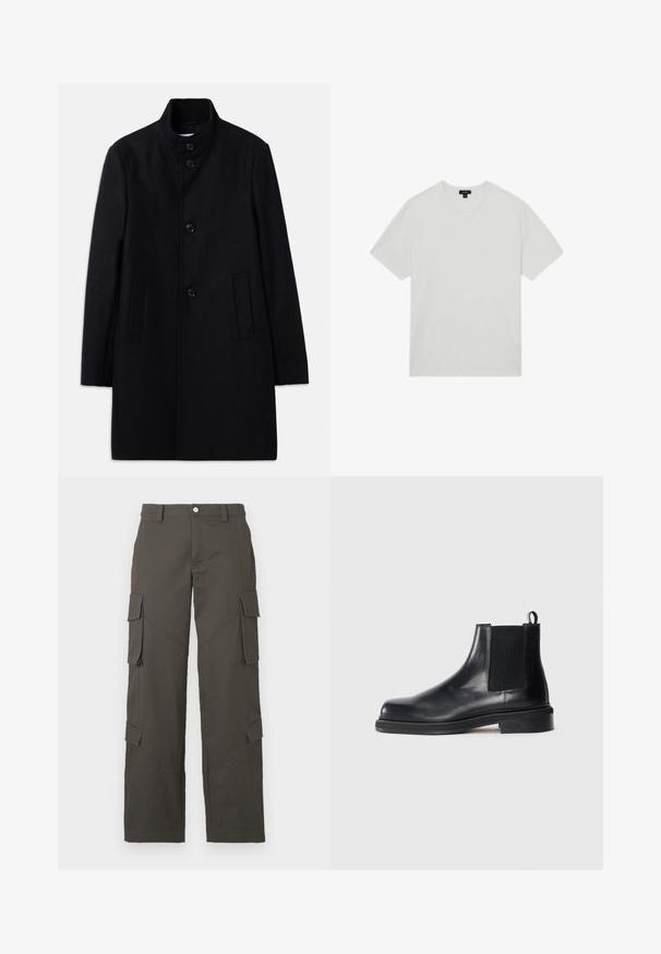 Abrigo de lana negro con cuello alto, que presenta seis botones frontales, dos bolsillos laterales y un diseño recto. Textura suave.; Camiseta blanca de algodón con cuello redondo, mangas cortas y un corte relajado. Textura suave, sin patrones ni adornos.; Pantalones cargo rectos de color gris oscuro con cierre de botón y cuatro bolsillos con solapa, dos en los muslos y dos cerca de las pantorrillas.; Botín Chelsea de cuero negro con panel lateral elástico, punta redonda, lengüeta en el talón y suela baja apilada sobre fondo liso.