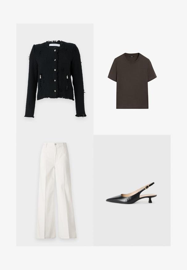 Svart texturerad jacka med fransat avslut, silverfärgade knapplås och sidofickor med dragkedja. Har en kortad design och långa ärmar.; Mörkbrun t-shirt med kort ärm tillverkad av bomull. Har en rund halsringning och en avslappnad passform, utan synliga mönster eller dekorationer.; Vita vida-byxor gjorda av bomull med en slät textur. Har en framknapp, gylf med dragkedja och fyra fickor.; Svart läderslingback-sko med kitten heel och spetsig tå, samt guldspänne på sidobandet, på vit bakgrund.