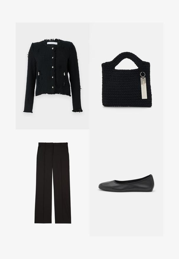 Melna teksturēta jaka ar nodilušu apakšmalu, sudraba pogu aizdari un sānu rāvējslēdzēja kabatām. Iezīmējas ar īsu dizainu un garām piedurknēm.; Melna bezpaudze topiņa ar sakārtotu audumu, sānu savilkumu un pagarinātu fringu, ar gludu tekstūru un pieguļošu siluetu.; Melni gludā auduma pielāgoti bikses ar taisnu kāju piegriezumu un divām sānu kabatām. Eleganta un minimālistiska uzbūve.; Melna ādas baleta kurpe ar noapaļotu purngalu, gludu tekstūru, minimālu šuvju detalizāciju un elastīgu zoles dizainu.; Won Hundred MARSIELLE COMPUTER BAG UNISEX - Klēpjdatora soma - black