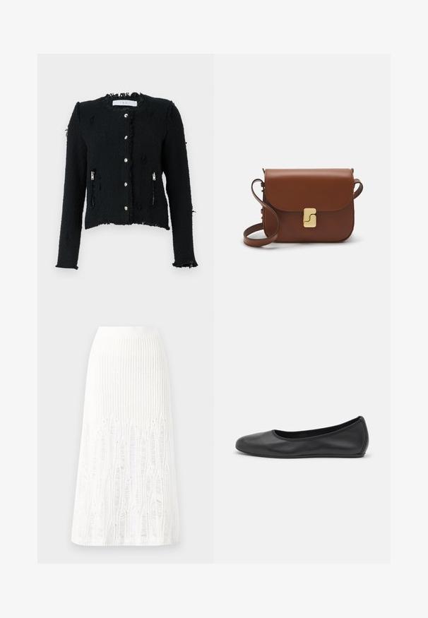 Casaco preto texturizado com bainha desfiada, fechos de botão prateados e bolsos laterais com fecho. Apresenta um design cropped e mangas longas.; T-shirt de manga curta branca feita de tecido canelado. Decote redondo, ajuste regular e detalhes de costura subtis. Sem padrões ou gráficos.; Saia midi branca de malha com um padrão texturizado com linhas verticais e detalhes recortados perto da bainha. Cintura elástica. Material suave.; Bailarina preta em pele com bico arredondado, textura suave, detalhe de costura minimalista e design de sola flexível.; Bolsa de couro castanho com fecho de aba, decoração em tom dourado, alça de ombro e textura suave. Formato retangular compacto.