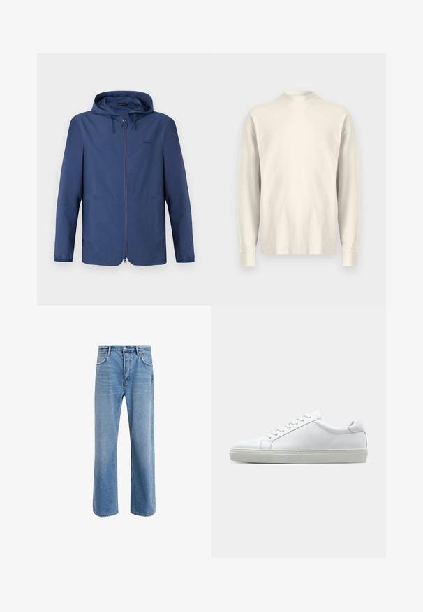 Tumesinine kerge jope kapuutsiga, täispikk tõmblukk ja elastsed mansetid. Omab minimalisti sissejuhatust ning diskreetset logo rinnal.; Pikad varrukad, kõrge kaelusega särk heleses puuvillas. Sile tekstuur, lõdva lõikega, minimalistik disain, ilma nähtavate mustrite või aktsentideta.; Heledad sinine teksapüksid otse lõikega, viie taskuga, nupuga sulgemine, minimaalne kulumine ja kontrastsed õmbluse detailid.; Valge tennisetoss, millel on sile nahk pealis ja madal profiil. Omab ümarat ninaosa, kuut silmust ja tekstuuriga kummist talda.