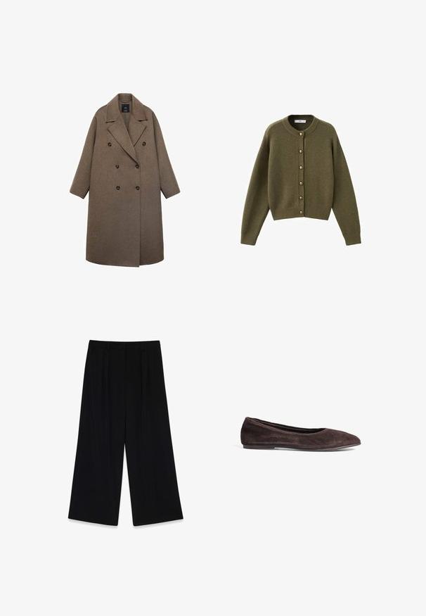 Dubbelzijdige jas van bruine wol met een geknipte kraag, grote zwarte knopen en brede mouwen, met een knielange ontwerp.; Olijfgroen gebreide cardigan met een ronde halslijn, grote knopen aan de voorkant en geribbelde boorden en onderkant. Zachte textuur, relaxte fit.; Effen wit T-shirt met korte mouwen en ronde hals met een zwart etiket bij de kraag, plat gelegd op een witte achtergrond.; Zwarte wijde broek van gladde stof, met plooien aan de voorkant, een middelhoge taille en geen zichtbare sluitingen of versieringen.; Bruine suède balletschoenen met een spitsneus en een laag profiel. Kenmerkt zich door een gladde textuur en een minimalistisch ontwerp. Geen zichtbare hardware of accenten.