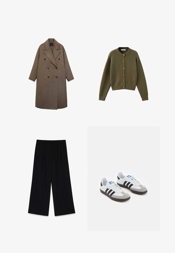 Dobbeltbreasted frakke i brun uld med notch-krave, store sorte knapper og brede ærmer, med et knæ-langt design.; Olivengrøn strikket cardigan med rund halsudskæring, store knapper nedad foran, og ribbetræk ved ærmer og kant. Blød tekstur, afslappet pasform.; Klassisk hvid kortærmet T-shirt med rund hals og sort label ved kraven, lagt fladt mod en hvid baggrund.; Sorte vide bukser lavet af glat stof, der har læg foran, en mellemhøj talje og ingen synlige lukninger eller pynt.; Sportsko med en overdel i hvid læder, grå ruskind på tåen og tre sorte striber. Har et blåt logo på tungen og en struktureret gummisål.