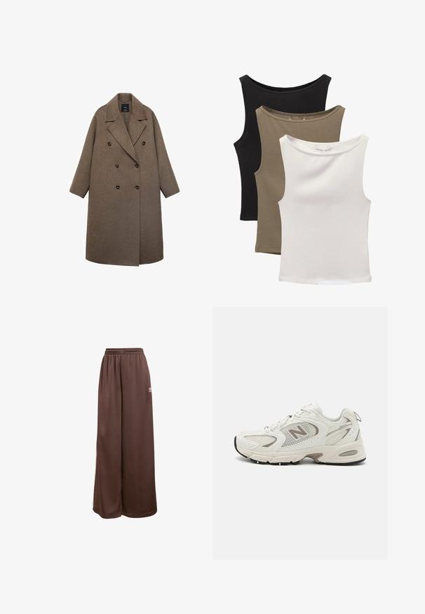 Dwurzędowy płaszcz z brązowej wełny z ząbkowanym kołnierzem, dużymi czarnymi guzikami i szerokimi rękawami, o długości do kolan.; Trzy bezrękawniki ułożone w stos: czarny, oliwkowy i biały. Materiał jest gładki, elastyczny, z okrągłymi dekoltami i bez wzorów.; adidas Originals - Spodnie treningowe; Białe siateczkowe buty do biegania z szarymi akcentami, zaokrąglony czubek, sznurowany design, wyściółka w podeszwie oraz wyraźne logo "N" po boku.