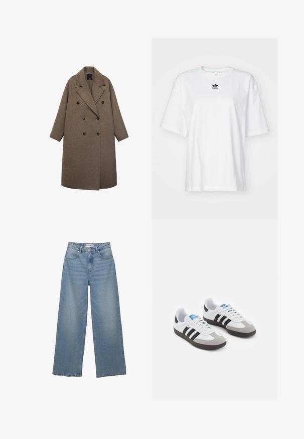 Dwurzędowy płaszcz z brązowej wełny z ząbkowanym kołnierzem, dużymi czarnymi guzikami i szerokimi rękawami, o długości do kolan.; Biała, krótko rękawowa koszulka z bawełny. Posiada okrągły dekolt oraz małe, czarne logo Adidas na klatce piersiowej. Proste zakończenie.; Jasnoniebieskie jeansy typu wide-leg wykonane z denimu. Posiadają wysoką talię, pięć kieszeni oraz prosty krój z minimalnym wyblaknięciem.; Buty sportowe z białą skórzaną cholewką, szarym zamszowym noskiem i trzema czarnymi paskami. Posiadają niebieskie logo na języku oraz teksturowaną gumową podeszwę.