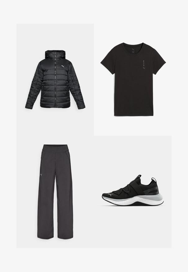 Čierna prešívaná bunda s kapucňou, predným zipsom a tónovaným šitím. Biele logo na hornej ľavej strane hrude. Hladká, lesklá látka.; Čierne tričko s krátkym rukávom vyrobené z bavlny. Má okrúhly výstrih a malé šedé logo "PR CLUB" na ľavej strane. Hladká textúra.; Čierne atletické nohavice so širokým pásom, bočnými vreckami a plochými švami. Obsahujú malé logo na ľavej nohavici. Vyrobené z hladkého a elastického materiálu.; Čierne športové topánky s textúrovaným zvrškom, elastickými pásikmi a hrubou bielou medzipodrážkou. Obsahujú sivý akcent pozdĺž podrážky.